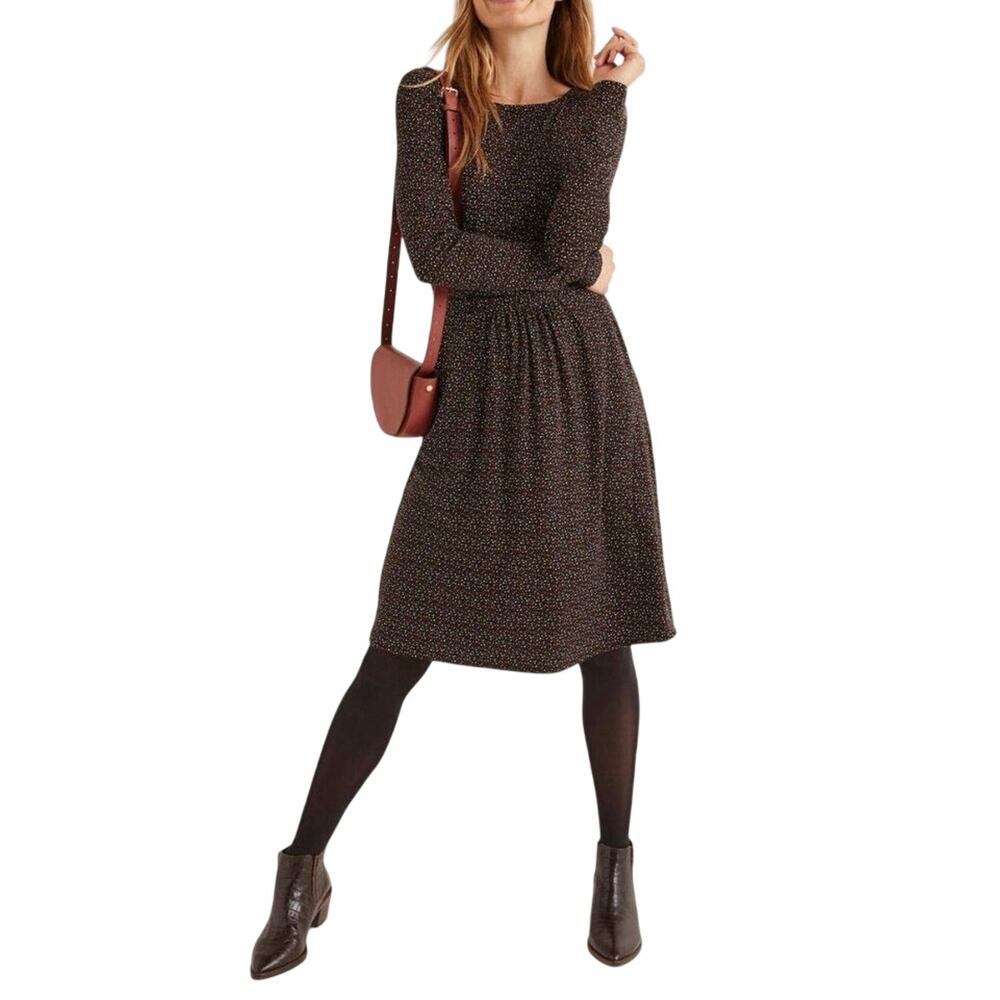Boden Abigail Dress Size 6R Black with Polka Dots Stretch Knit Long Sleeve